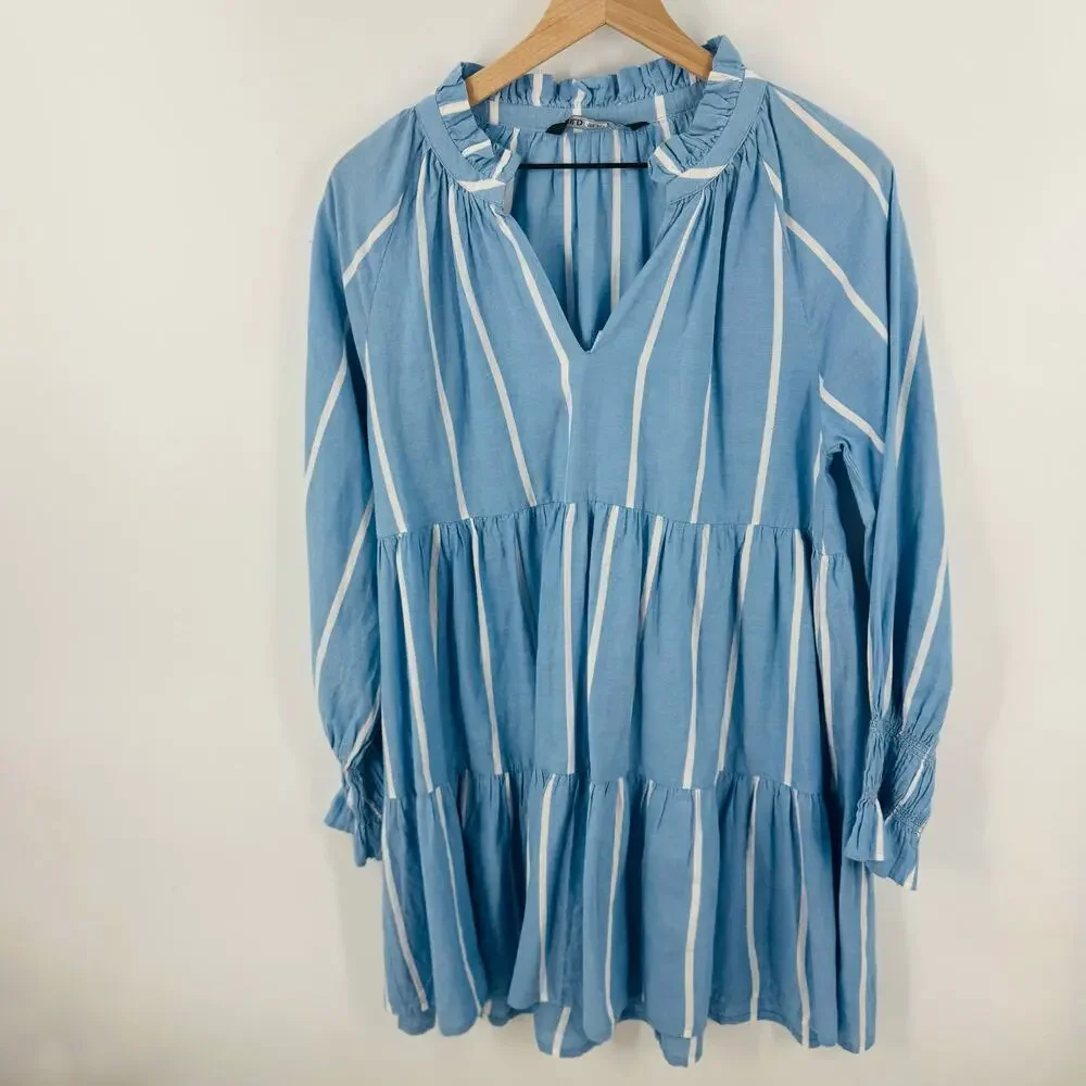 Wild Pony‎ Tiered Babydoll Mini Dress Blue White Stripe Cotton Size S Small